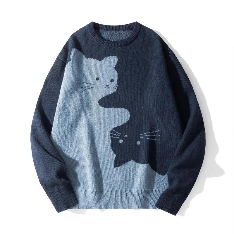Love Love Men'S Cartoon Cat Jacquard round Neck Sweater Loose Casual Long Sleeve Knitted Sweater Autumn/Winter Fashion Men'S Knitted Sweater Daily Wearing Pullover Top Same Style for Men and Women Party Weekend Leisure Halloween Academy Style Work Outdoor