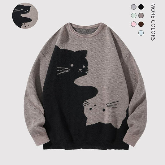 Love Love Men'S Cartoon Cat Jacquard round Neck Sweater Loose Casual Long Sleeve Knitted Sweater Autumn/Winter Fashion Men'S Knitted Sweater Daily Wearing Pullover Top Same Style for Men and Women Party Weekend Leisure Halloween Academy Style Work Outdoor