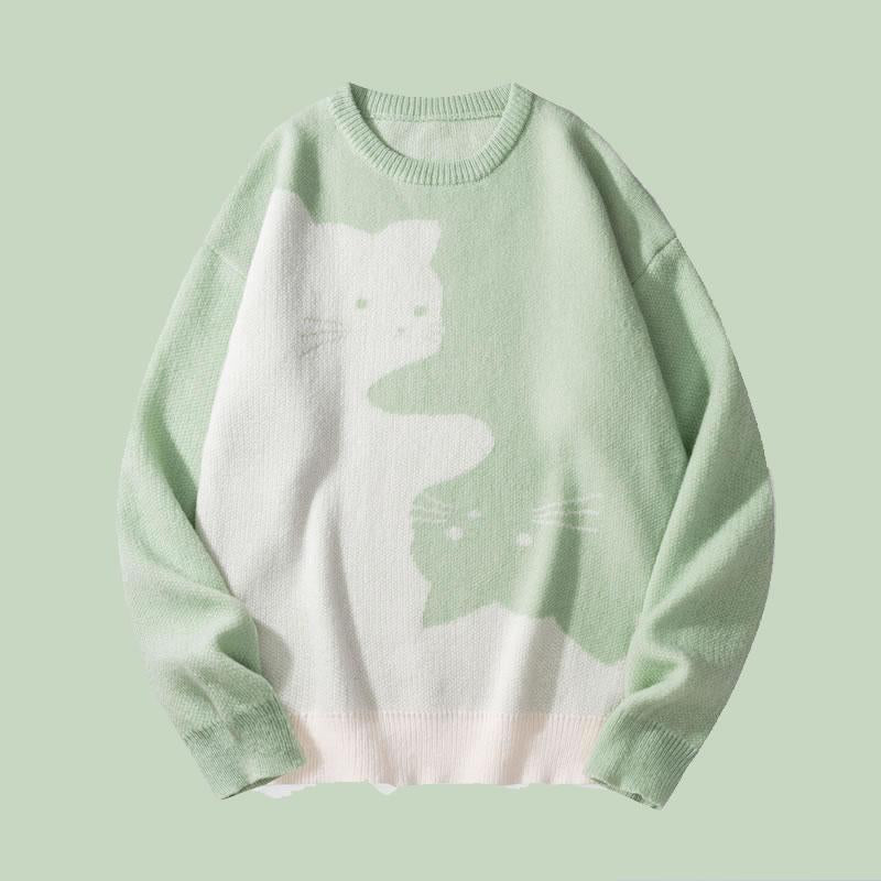 Love Love Men'S Cartoon Cat Jacquard round Neck Sweater Loose Casual Long Sleeve Knitted Sweater Autumn/Winter Fashion Men'S Knitted Sweater Daily Wearing Pullover Top Same Style for Men and Women Party Weekend Leisure Halloween Academy Style Work Outdoor