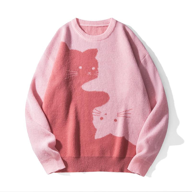 Love Love Men'S Cartoon Cat Jacquard round Neck Sweater Loose Casual Long Sleeve Knitted Sweater Autumn/Winter Fashion Men'S Knitted Sweater Daily Wearing Pullover Top Same Style for Men and Women Party Weekend Leisure Halloween Academy Style Work Outdoor