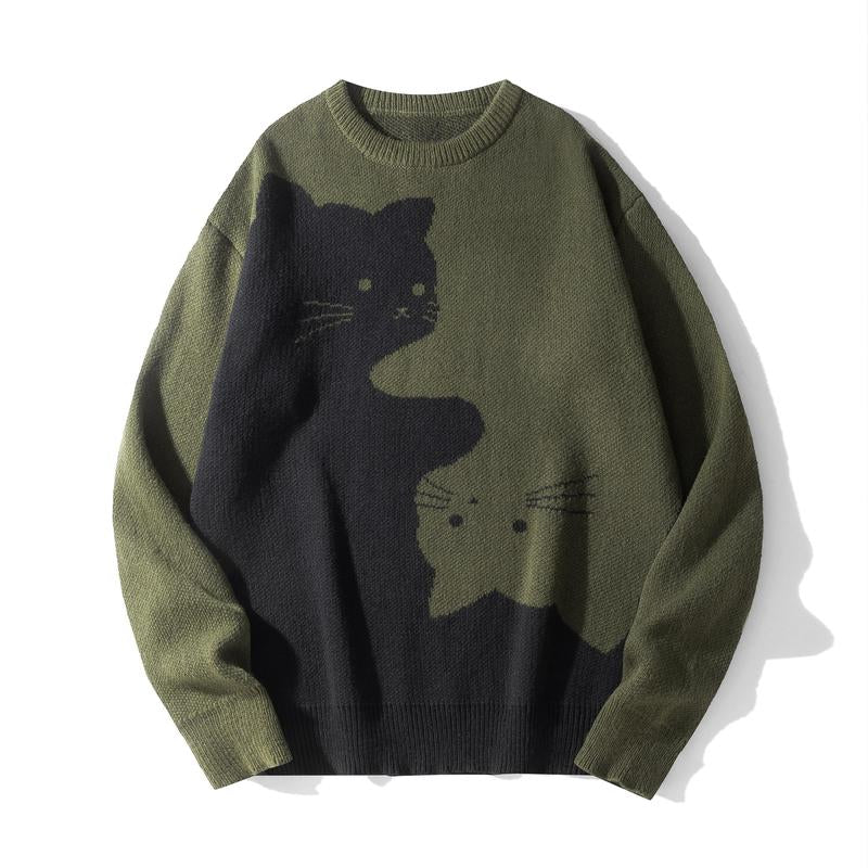 Love Love Men'S Cartoon Cat Jacquard round Neck Sweater Loose Casual Long Sleeve Knitted Sweater Autumn/Winter Fashion Men'S Knitted Sweater Daily Wearing Pullover Top Same Style for Men and Women Party Weekend Leisure Halloween Academy Style Work Outdoor