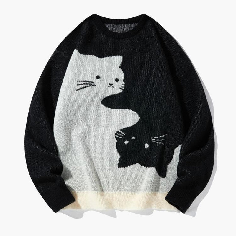 Love Love Men'S Cartoon Cat Jacquard round Neck Sweater Loose Casual Long Sleeve Knitted Sweater Autumn/Winter Fashion Men'S Knitted Sweater Daily Wearing Pullover Top Same Style for Men and Women Party Weekend Leisure Halloween Academy Style Work Outdoor