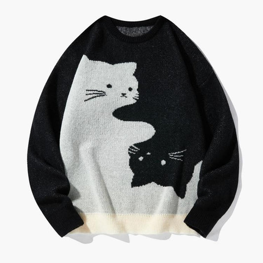 Love Love Men'S Cartoon Cat Jacquard round Neck Sweater Loose Casual Long Sleeve Knitted Sweater Autumn/Winter Fashion Men'S Knitted Sweater Daily Wearing Pullover Top Same Style for Men and Women Party Weekend Leisure Halloween Academy Style Work Outdoor