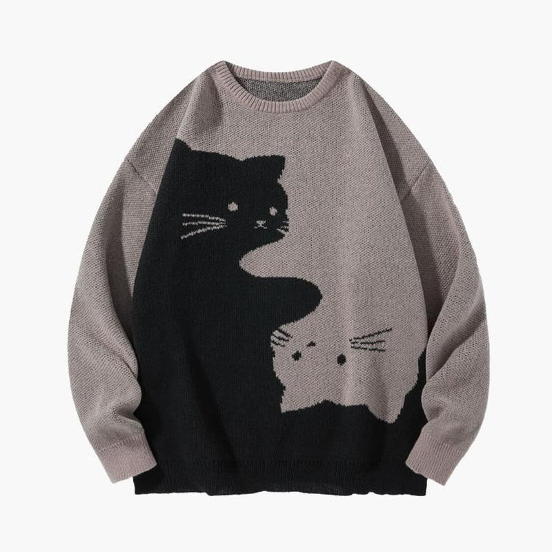 Love Love Men'S Cartoon Cat Jacquard round Neck Sweater Loose Casual Long Sleeve Knitted Sweater Autumn/Winter Fashion Men'S Knitted Sweater Daily Wearing Pullover Top Same Style for Men and Women Party Weekend Leisure Halloween Academy Style Work Outdoor
