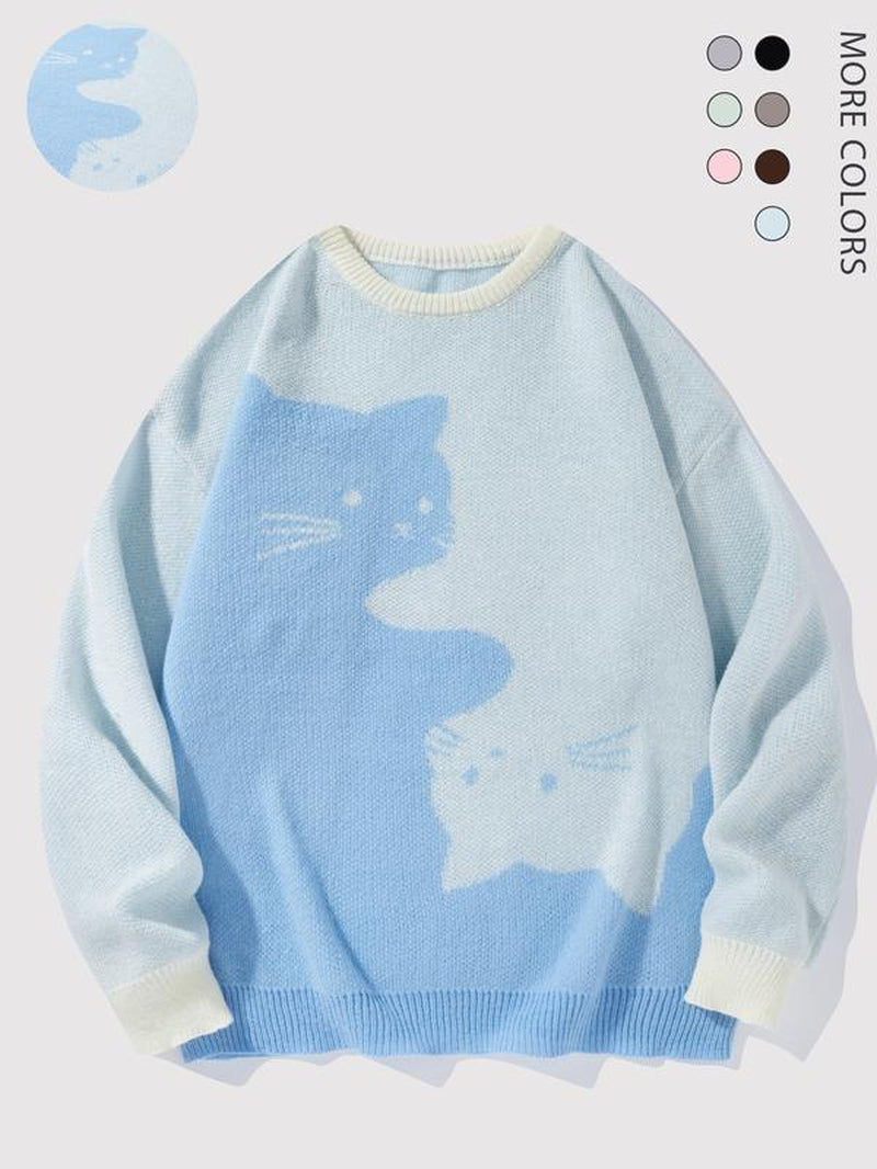 Love Love Men'S Cartoon Cat Jacquard round Neck Sweater Loose Casual Long Sleeve Knitted Sweater Autumn/Winter Fashion Men'S Knitted Sweater Daily Wearing Pullover Top Same Style for Men and Women Party Weekend Leisure Halloween Academy Style Work Outdoor