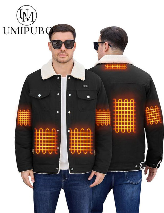 UMIPUBO Winter Men'S Heated Fleece Jacket with 5 Heat Zones, Sherpa Lining, Snap Closure, Warm Winter Outdoor Coat
