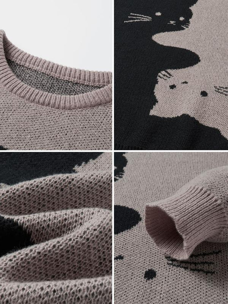 Love Love Men'S Cartoon Cat Jacquard round Neck Sweater Loose Casual Long Sleeve Knitted Sweater Autumn/Winter Fashion Men'S Knitted Sweater Daily Wearing Pullover Top Same Style for Men and Women Party Weekend Leisure Halloween Academy Style Work Outdoor