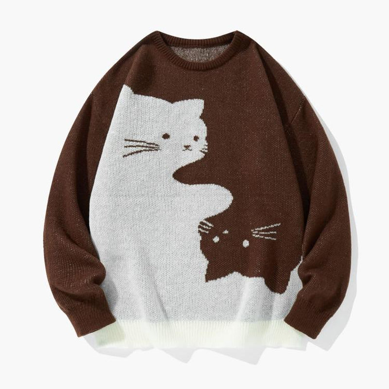 Love Love Men'S Cartoon Cat Jacquard round Neck Sweater Loose Casual Long Sleeve Knitted Sweater Autumn/Winter Fashion Men'S Knitted Sweater Daily Wearing Pullover Top Same Style for Men and Women Party Weekend Leisure Halloween Academy Style Work Outdoor