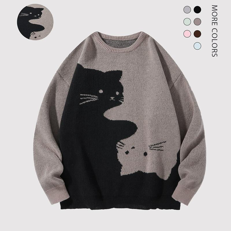 Love Love Men'S Cartoon Cat Jacquard round Neck Sweater Loose Casual Long Sleeve Knitted Sweater Autumn/Winter Fashion Men'S Knitted Sweater Daily Wearing Pullover Top Same Style for Men and Women Party Weekend Leisure Halloween Academy Style Work Outdoor