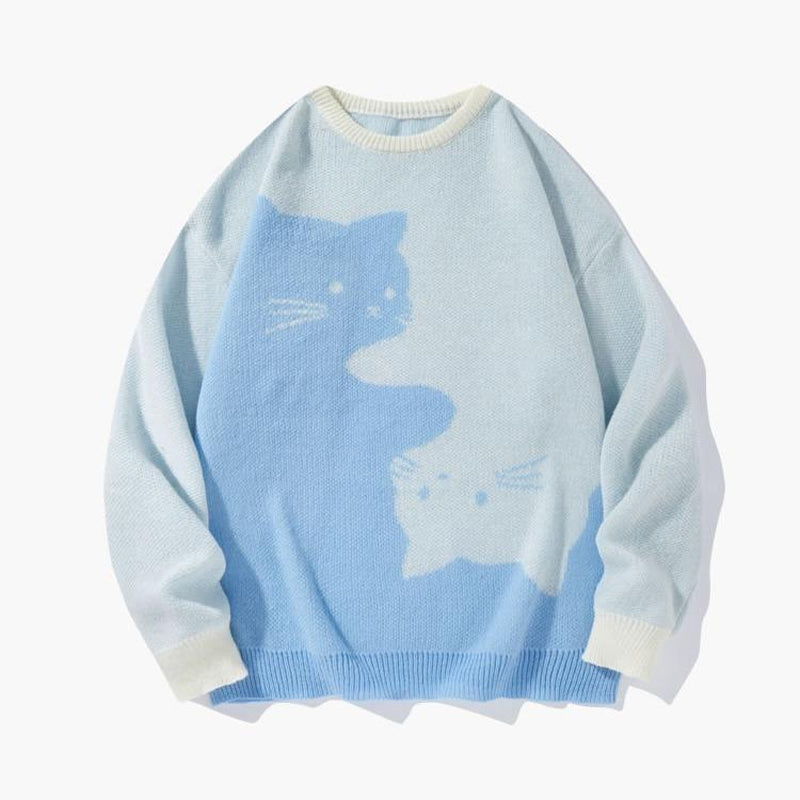 Love Love Men'S Cartoon Cat Jacquard round Neck Sweater Loose Casual Long Sleeve Knitted Sweater Autumn/Winter Fashion Men'S Knitted Sweater Daily Wearing Pullover Top Same Style for Men and Women Party Weekend Leisure Halloween Academy Style Work Outdoor