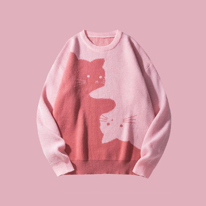Love Love Men'S Cartoon Cat Jacquard round Neck Sweater Loose Casual Long Sleeve Knitted Sweater Autumn/Winter Fashion Men'S Knitted Sweater Daily Wearing Pullover Top Same Style for Men and Women Party Weekend Leisure Halloween Academy Style Work Outdoor