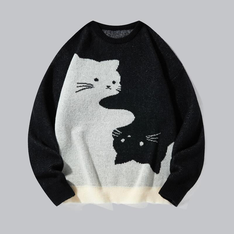 Love Love Men'S Cartoon Cat Jacquard round Neck Sweater Loose Casual Long Sleeve Knitted Sweater Autumn/Winter Fashion Men'S Knitted Sweater Daily Wearing Pullover Top Same Style for Men and Women Party Weekend Leisure Halloween Academy Style Work Outdoor