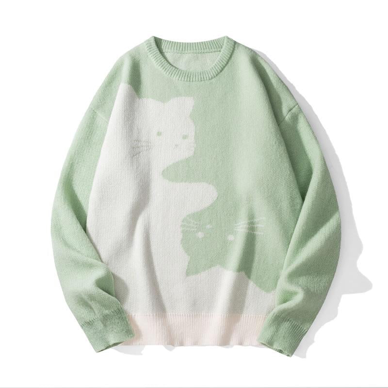 Love Love Men'S Cartoon Cat Jacquard round Neck Sweater Loose Casual Long Sleeve Knitted Sweater Autumn/Winter Fashion Men'S Knitted Sweater Daily Wearing Pullover Top Same Style for Men and Women Party Weekend Leisure Halloween Academy Style Work Outdoor