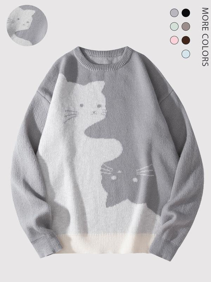 Love Love Men'S Cartoon Cat Jacquard round Neck Sweater Loose Casual Long Sleeve Knitted Sweater Autumn/Winter Fashion Men'S Knitted Sweater Daily Wearing Pullover Top Same Style for Men and Women Party Weekend Leisure Halloween Academy Style Work Outdoor